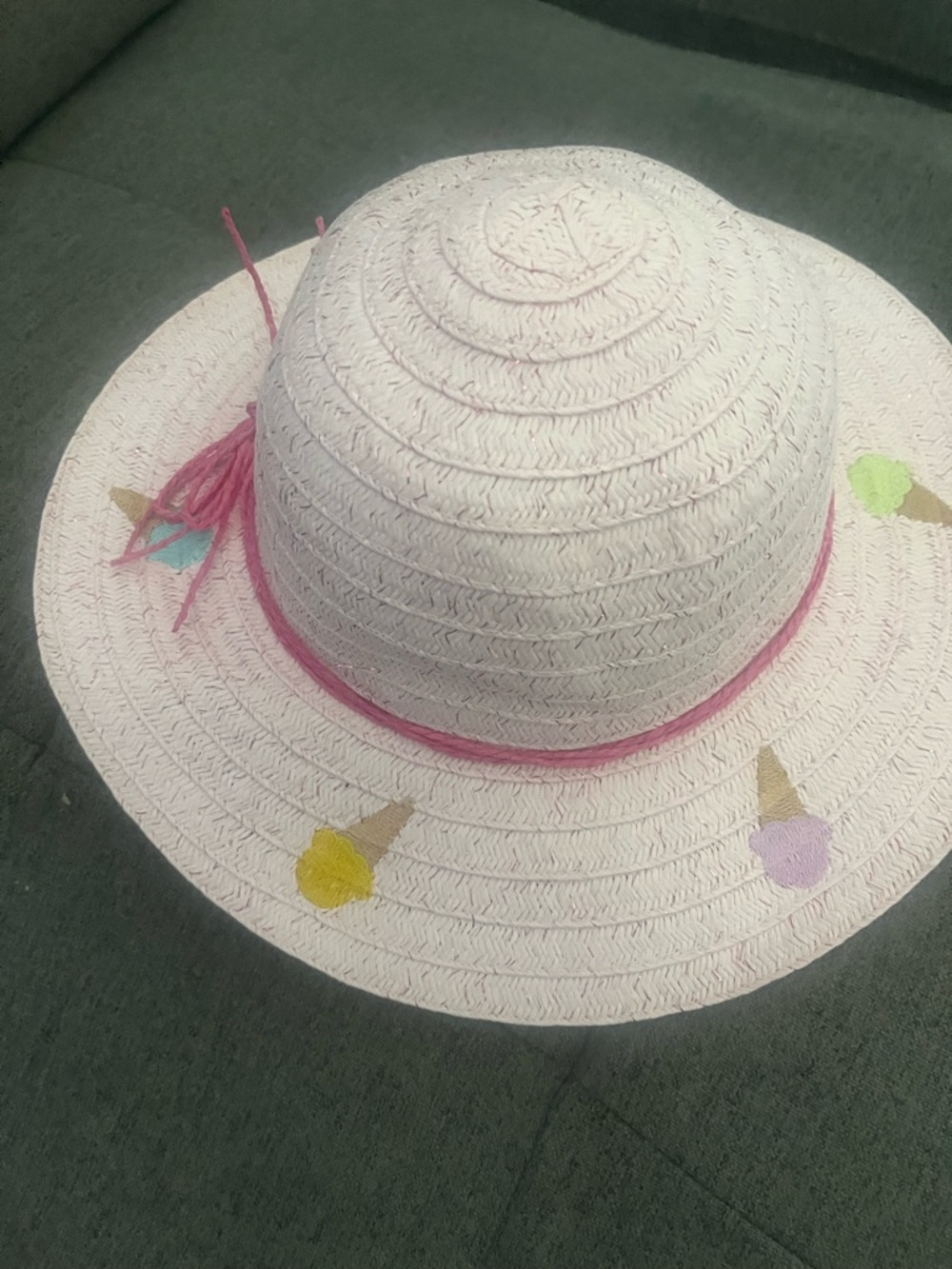 Lil girls Straw Sun Hat with Pink Trim and Ice Cream Appliqués